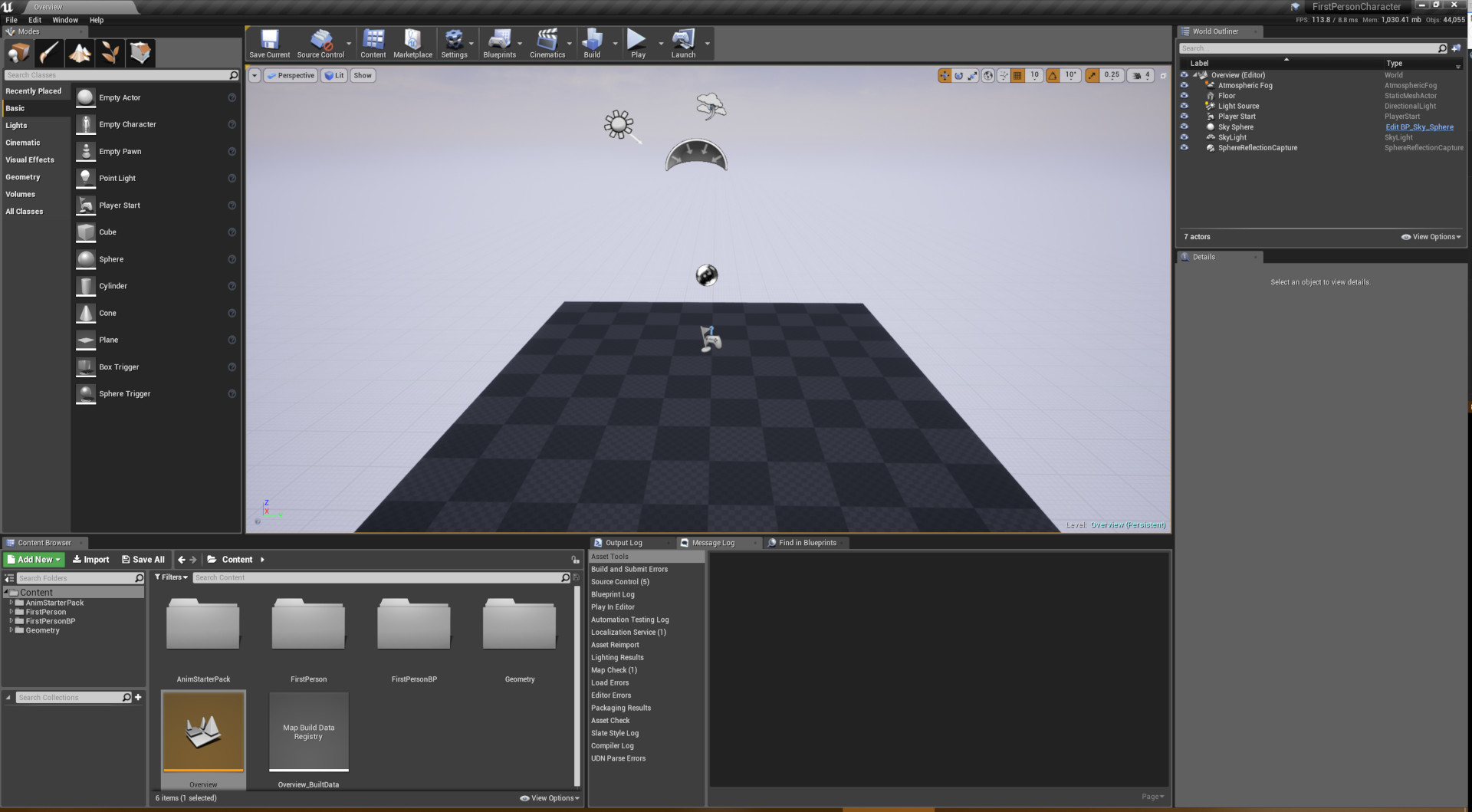 Screenshot of First Person Character project, initial setup
